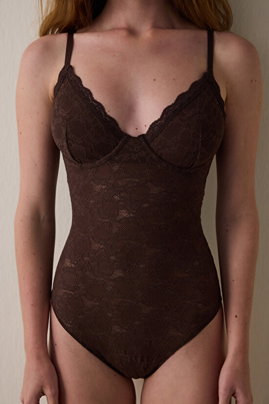 Kahverengi Çiçekli Dantelli Balenli Body - 5