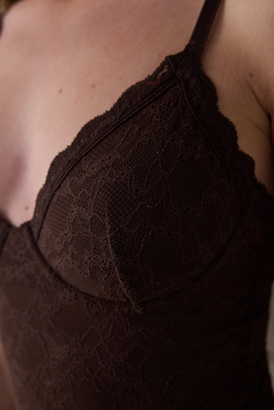 Kahverengi Çiçekli Dantelli Balenli Body - 6