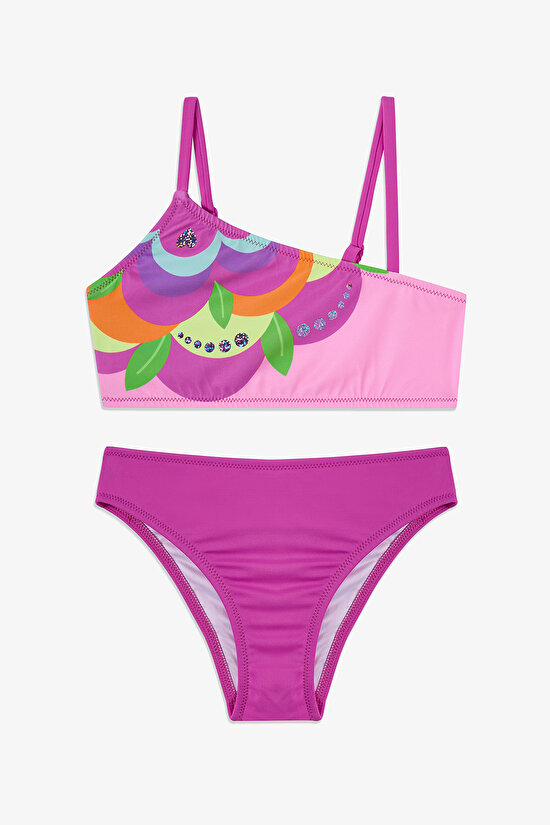 Pink Girls Flower One Shoulder Bikini Set - 1