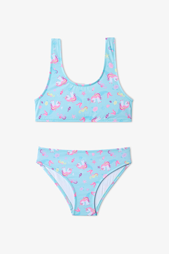 Renkli Kız Çocuk Unimermaid Halter Bikini Takımı - 1