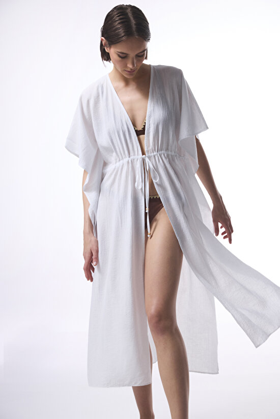 Beyaz Çiçekli Bağlama Detaylı  Kimono - 1