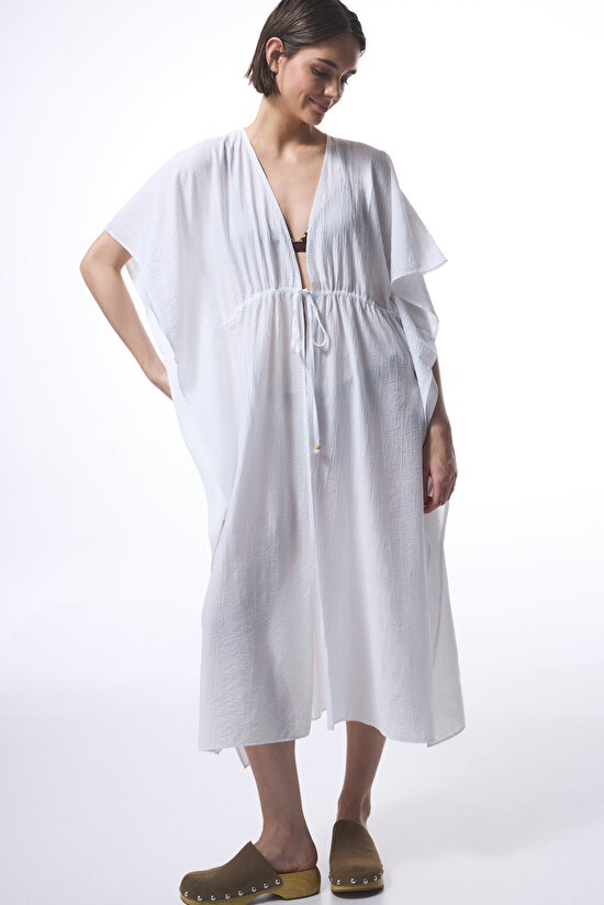 Beyaz Çiçekli Bağlama Detaylı  Kimono - 5