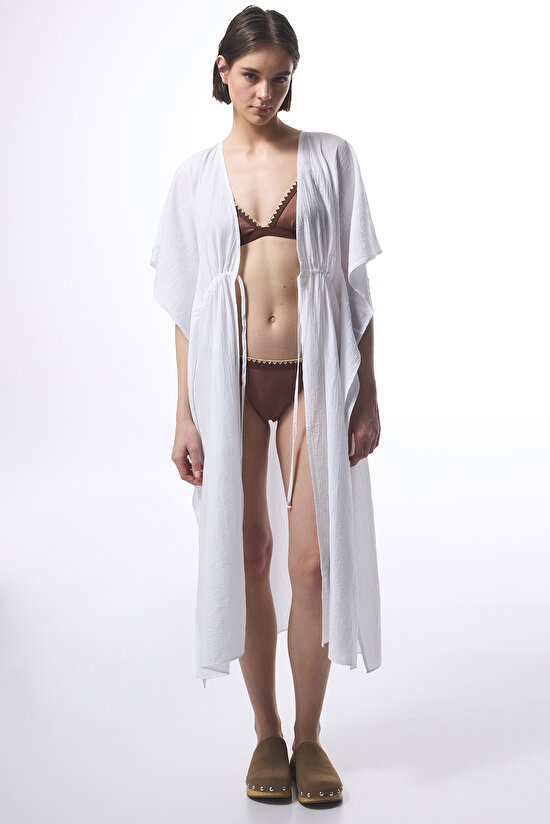 Beyaz Çiçekli Bağlama Detaylı  Kimono - 6