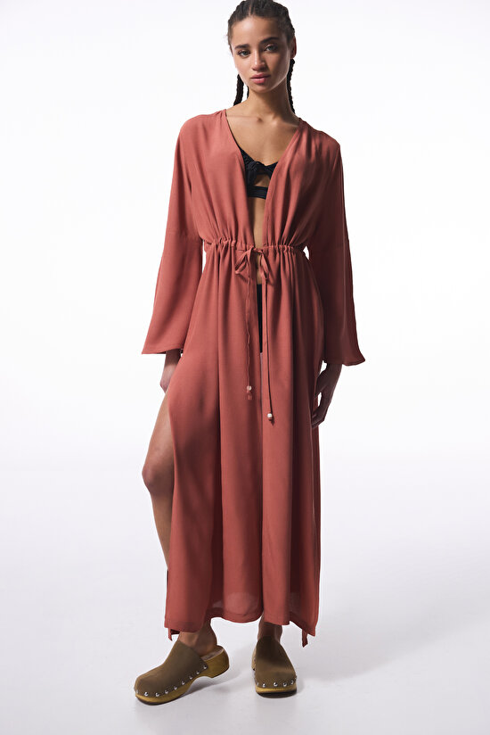 Kiremit Rengi Olivia Crinckle Uzun Kol Oversize Kimono - 1