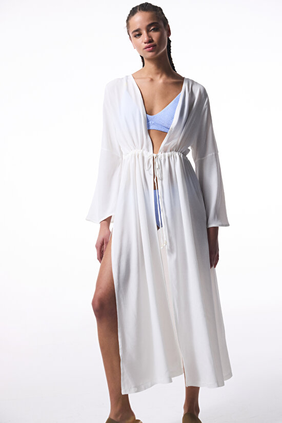 Beyaz Olivia Crinckle Uzun Kol Oversize Kimono - 1