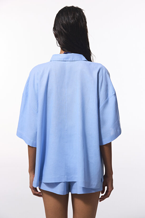 Açık Mavi Natural Keten Gömlek - 3