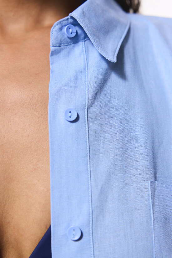 Açık Mavi Natural Keten Gömlek - 5