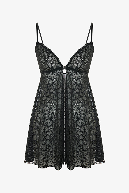 Siyah Front Opening Lace Babydoll - 1