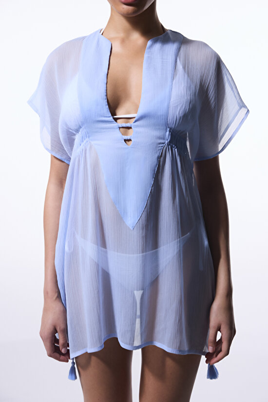 Açık Mavi Basic Şifon V Yaka Mini Kaftan Açık Mavi Basic Şifon V Yaka Mini Kaftan - 4