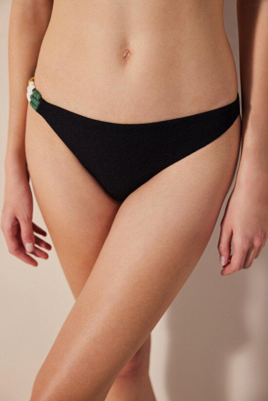 Arlo Side Textured and Macrame Black Bikini Bottom - 1