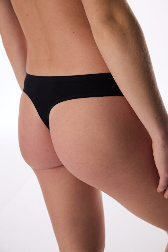 Siyah Dikişsiz İz Yapmayan Normal Bel Tanga Külot - 2