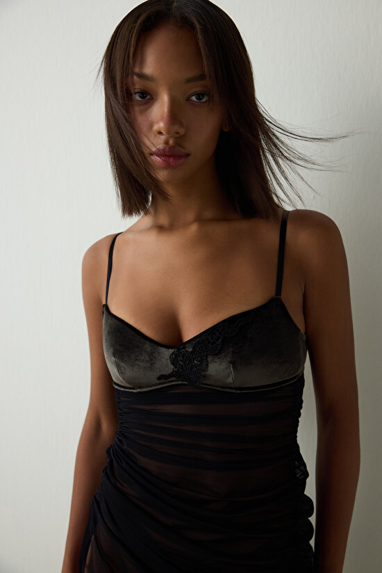 Black Velvet Babydoll with Adjustable Straps and Tulle Detail - 3