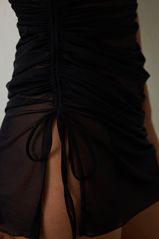 Black Velvet Babydoll with Adjustable Straps and Tulle Detail - 6