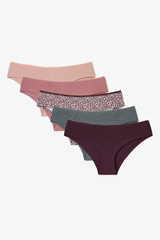 Leopar ve Çiçek Desenli Düşük Bel 5'li Hipster Külot - 1