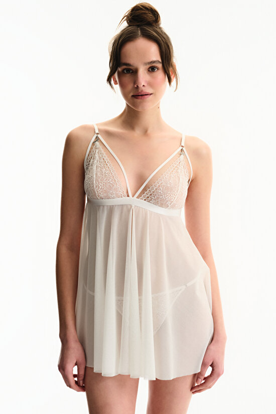 Kırık Beyaz Lace Dantel Detaylı Babydoll - 1