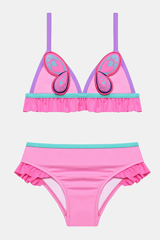 Girls Butterfly Detailed Pink Triangle Bikini Set - 1
