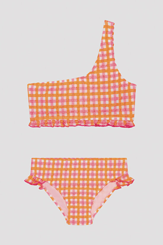 Genç Kız Renkli Kareli Tek Omuz Bikini Takımı - 3