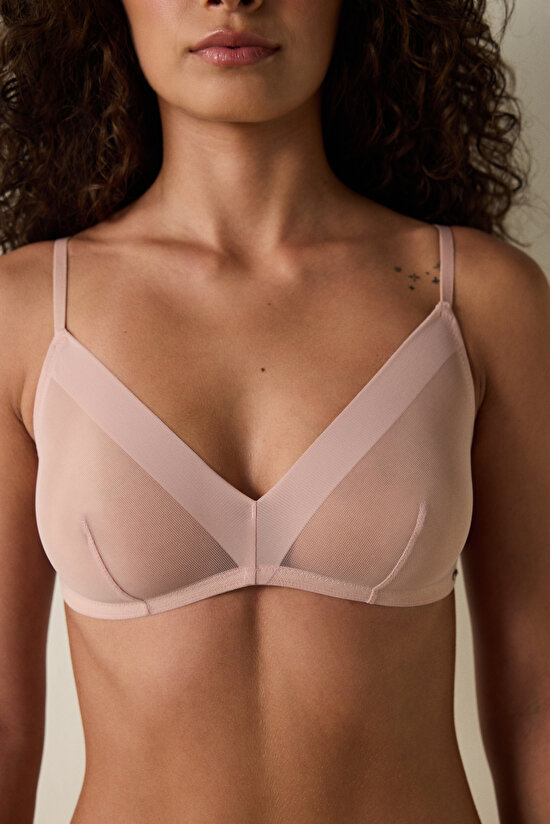 Açık Gül Kurusu File Üçgen Balensiz Dolgusuz Sütyen - 3