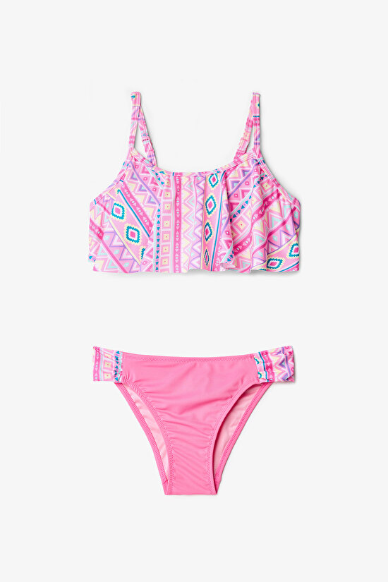 Kız Çocuk Etnik Desenli Fırfırlı Texas Halter Bikini Takımı - 1