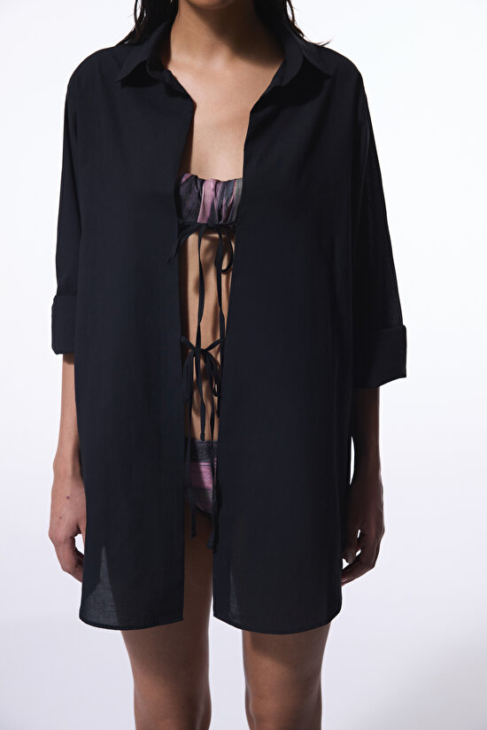 Berry Siyah Bağlama Detaylı Oversize Gömlek - 3