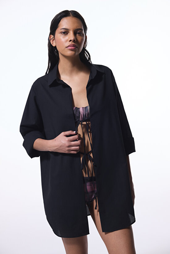 Berry Siyah Bağlama Detaylı Oversize Gömlek - 4