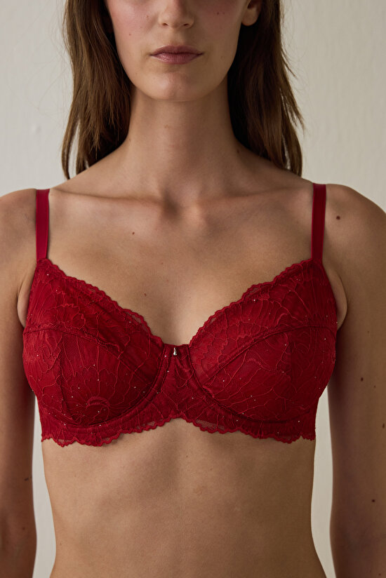 Red Curvy Sequin Lace Bra - 2