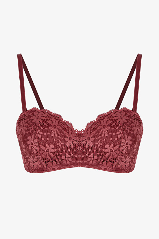 Bordo Lotus Straplez Lace Dantel Sütyen - 1