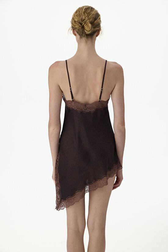 Kahverengi Baskılı Saten Dantelli Leopar Desenli Babydoll - 2