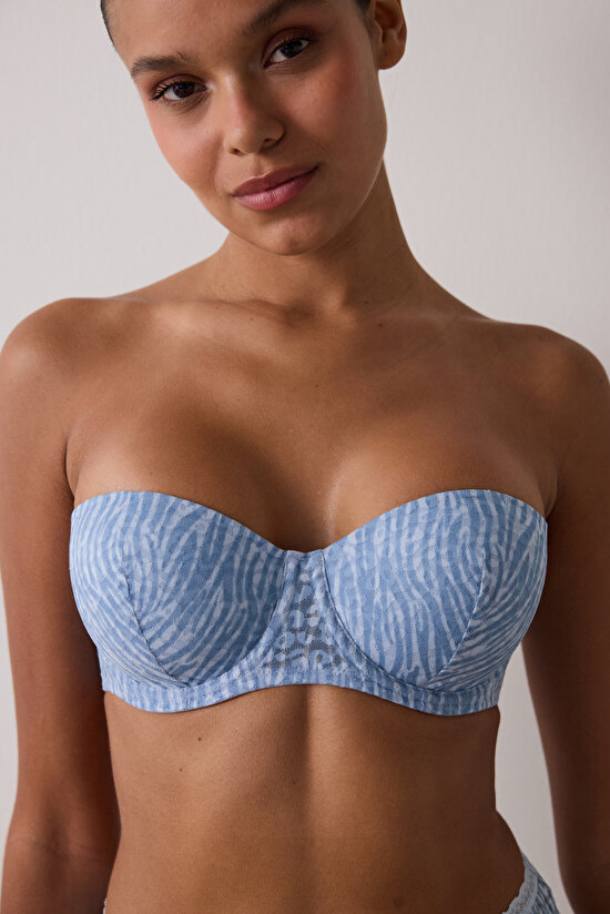 Açık Mavi Bloom Dantelli Balenli Dolgusuz Straplez Sütyen - 6