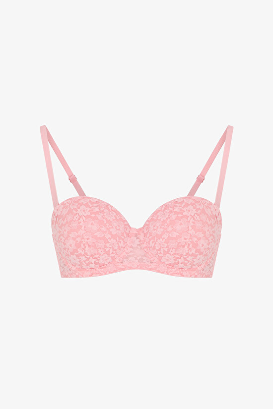 Pembe Pop Dantel Çiçekli Pedli Push Up Sütyen - 1
