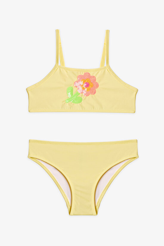 Sarı Kız Çocuk Sequin Halter Bikini Takımı - 1