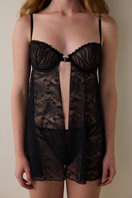 Black Floral Patterned Front Opening Underwire Babydoll - 3
