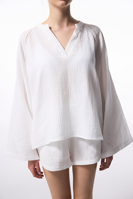 Beyaz Lessi Trim Müslin Gömlek - 4