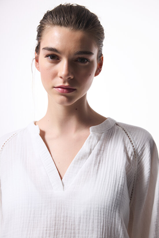 Beyaz Lessi Trim Müslin Gömlek - 5