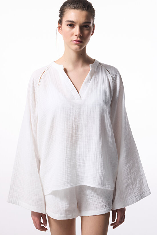 Beyaz Lessi Trim Müslin Gömlek - 7