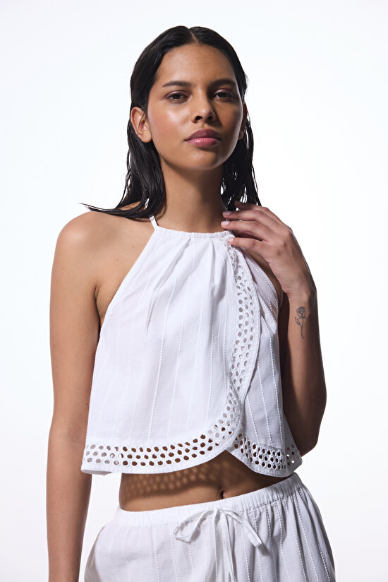 Beyaz Arlet Halter Yaka  Crop Üst - 1