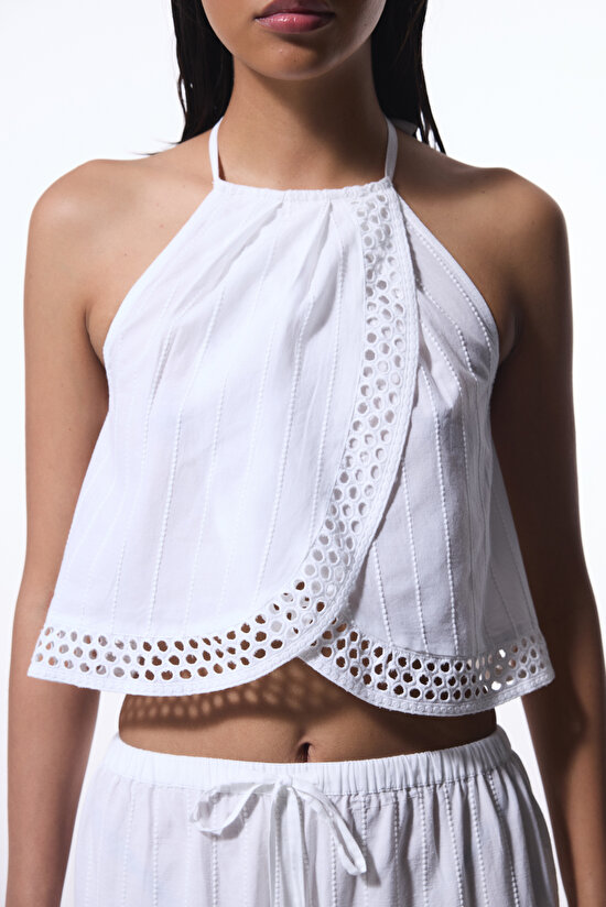 Beyaz Arlet Halter Yaka  Crop Üst - 3