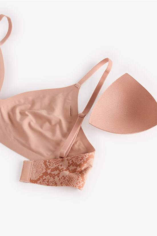 İz Bırakmaz Bej Tattoo Effect Üçgen Yılan Desenli Çıkarılabilir Pedli Sütyen - 2