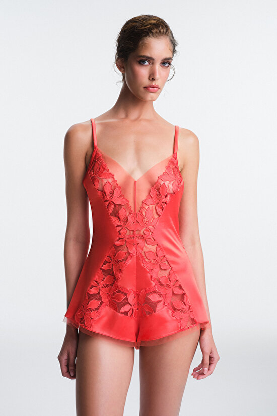 Coral Oden Lace Adjustable Straps Non-wired Cupless Teddy Coral Oden Lace Adjustable Straps Non-wired Cupless Teddy - 1