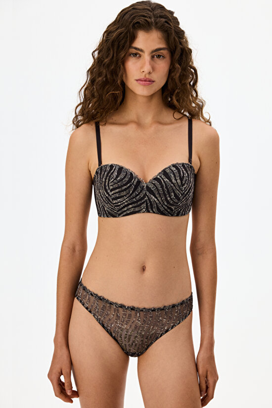 Chocolate Brown Lotus Broidery Snake Print Padded Bra - 3