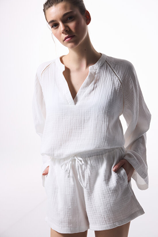 Beyaz Lessi Müslin Mini Şort - 4