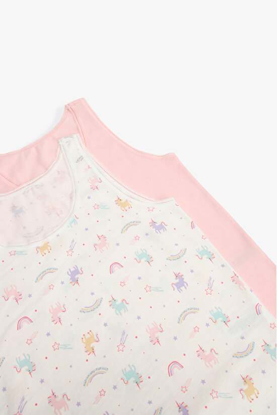 Kız Çocuk Pinky Unicorn Balerin Desenli Kalın Askılı Pamuklu 2'li Atlet - 4