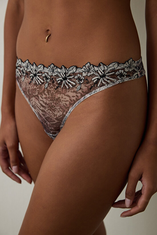 Leopard Patterned Embroidered Detailed Mid Waist Thong - 1