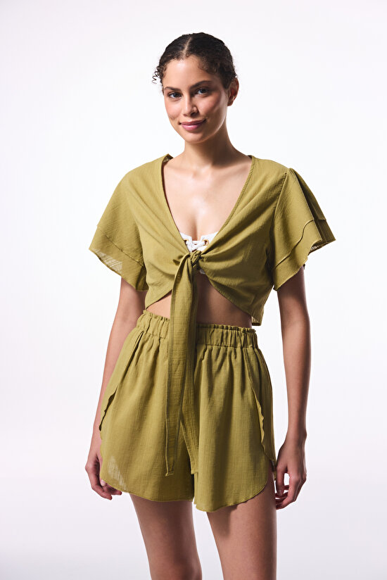 Yağ Yeşili Peek Bağlama Detaylı Crop Top Üst - 5