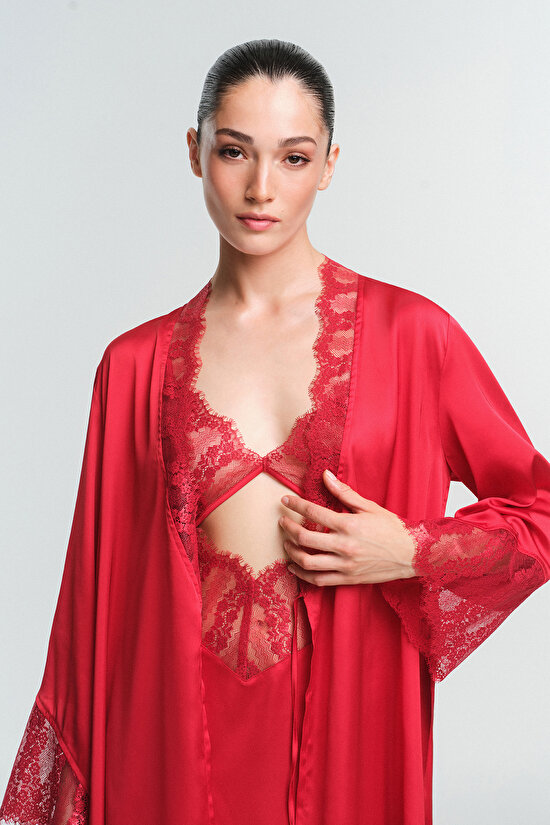 Tango Kırmızı Henna Dantelli 3/4 Kollu Sabahlık - 3