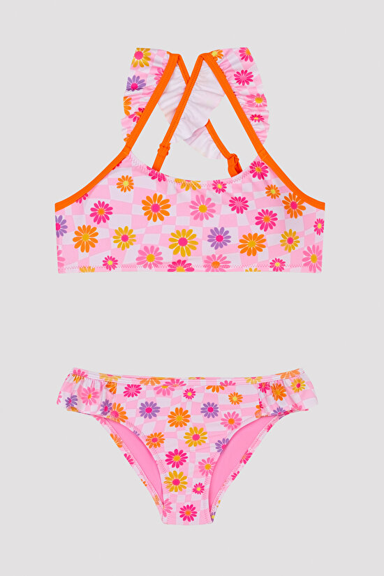 Genç Kız Çiçek Desenli Fırfırlı Halter Bikini Takımı - 1