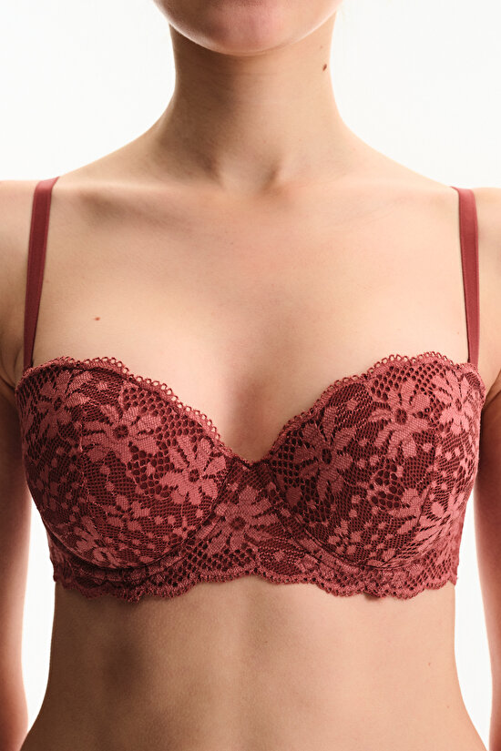 Bordo Pop Up Destekli Lace Dantel Sütyen - 3