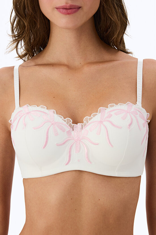 Off White Embroidered Bow Print Brazilian Briefs - 3