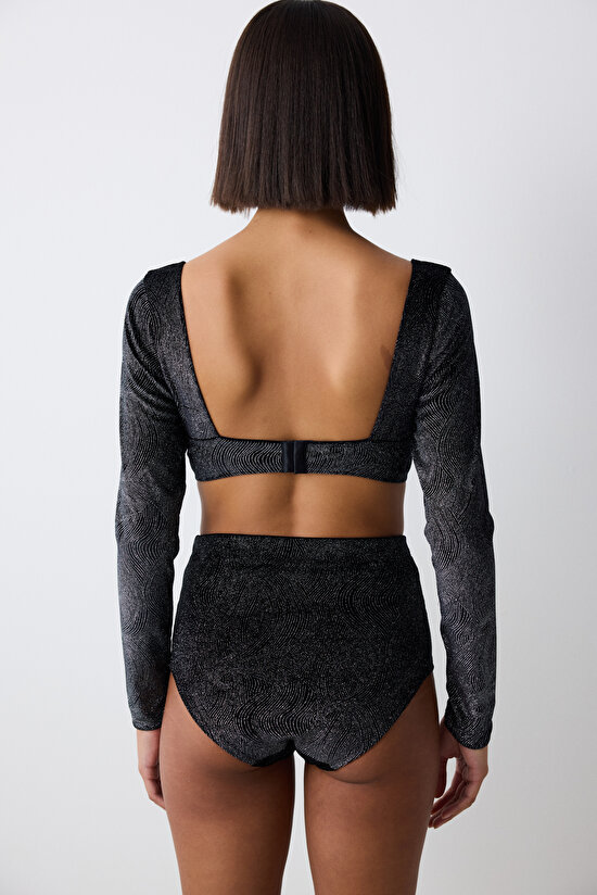 Shinny Velvet Uzun Kollu Siyah Croplet - 4