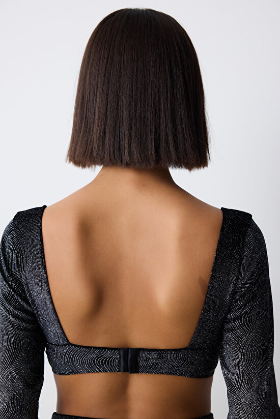 Shinny Velvet Uzun Kollu Siyah Croplet - 5